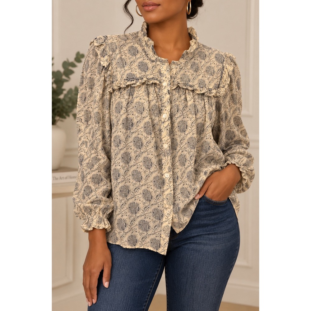 M 204 ba&sh Floral Ruffle Blouse 100% Viscose Button Boho Romantic French Chic